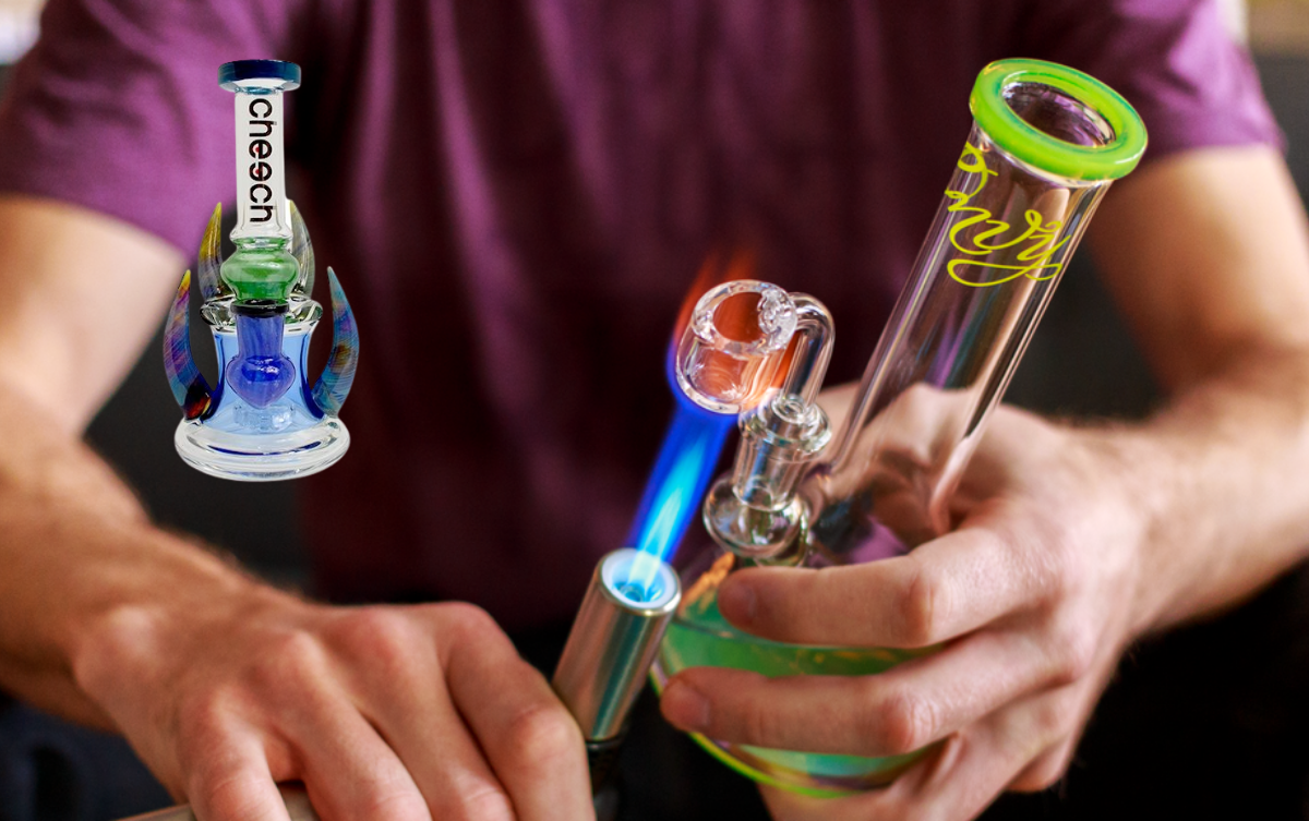 Dab bong being held in hand with product picture of dab bomng 