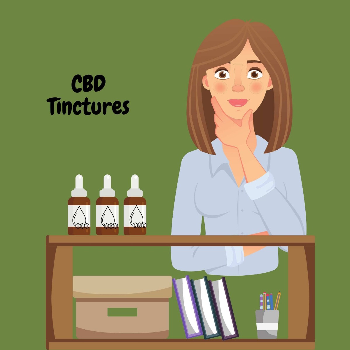 CBD Tincture bottles on a desk with a woman thinking about if cbd is for her