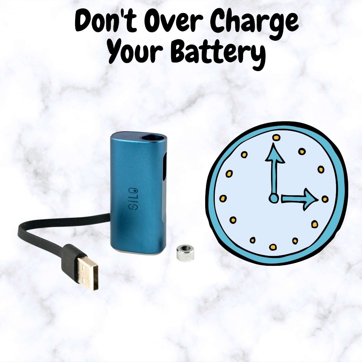 vape battery with charge and clock next to it with text saying Don't Over Charge Your Battery