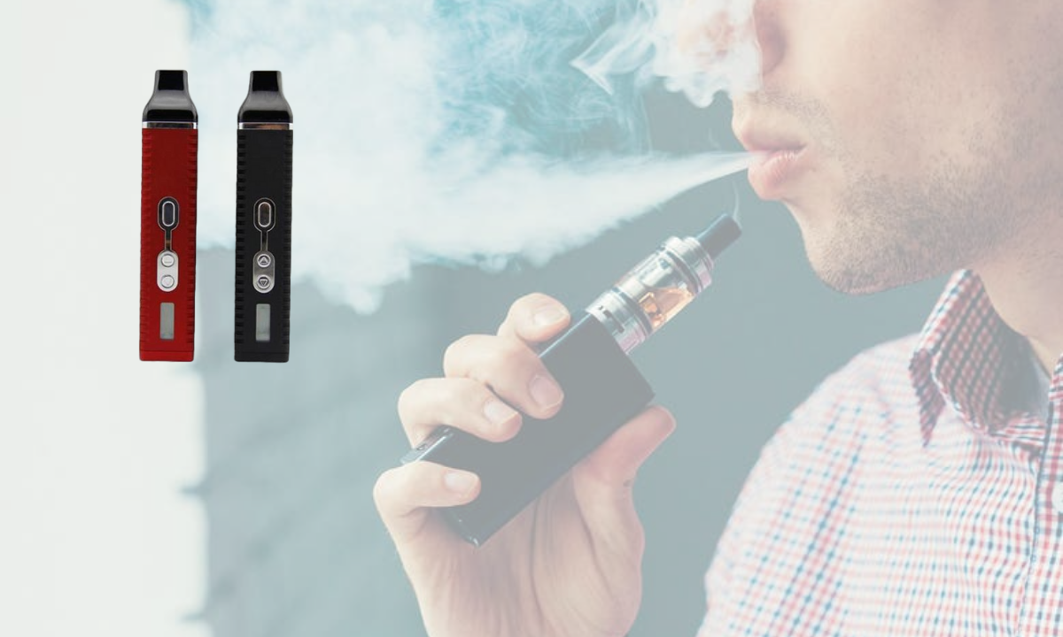 Titan 2 red and black picture with man vaping in back drop