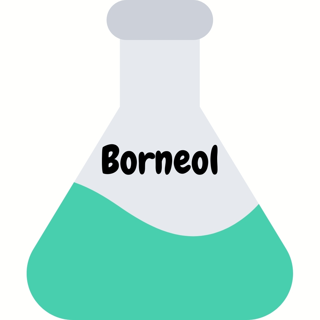 A beaker with Borneol chemicals in it with a white background 