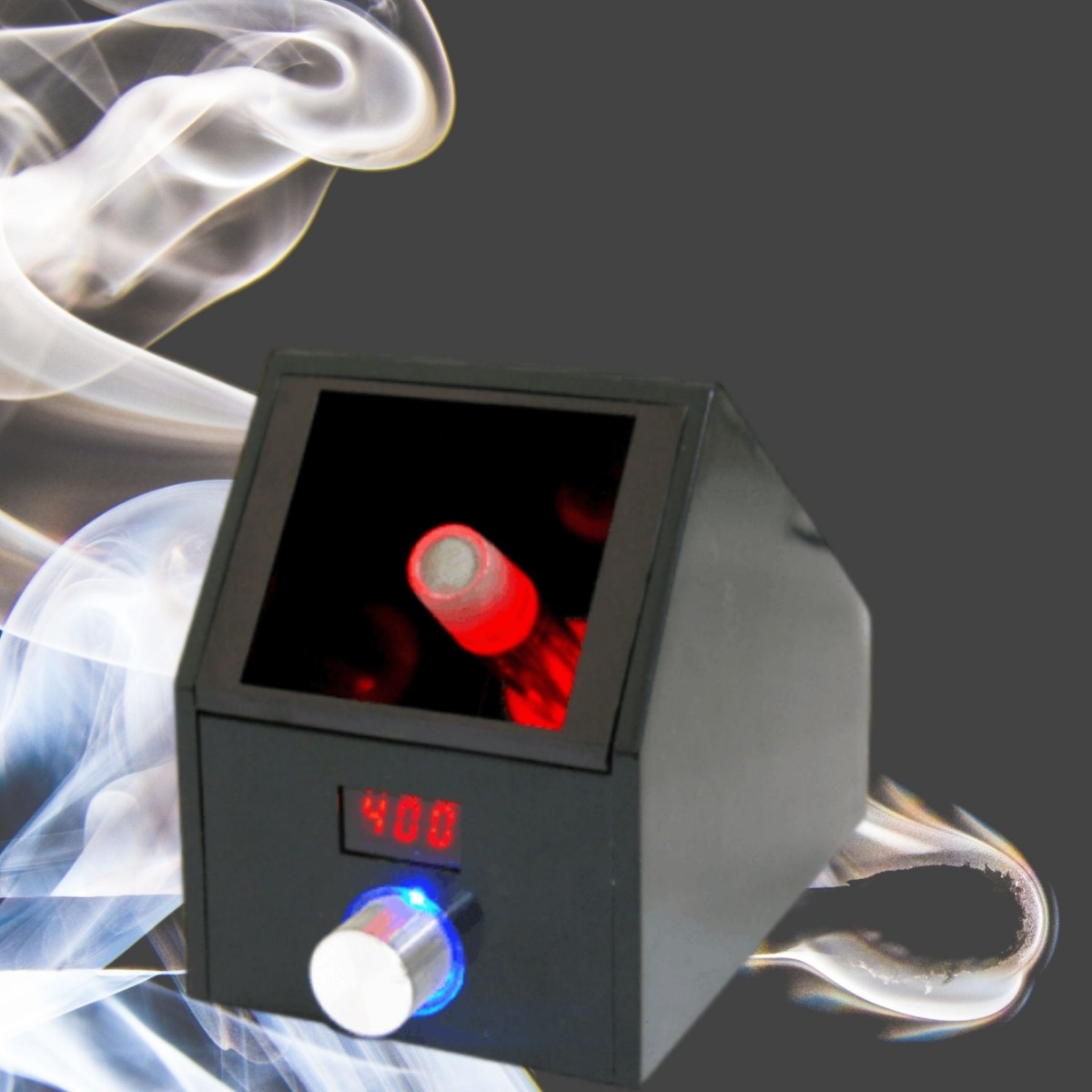 Black desktop vaporizer with smoke in the background 