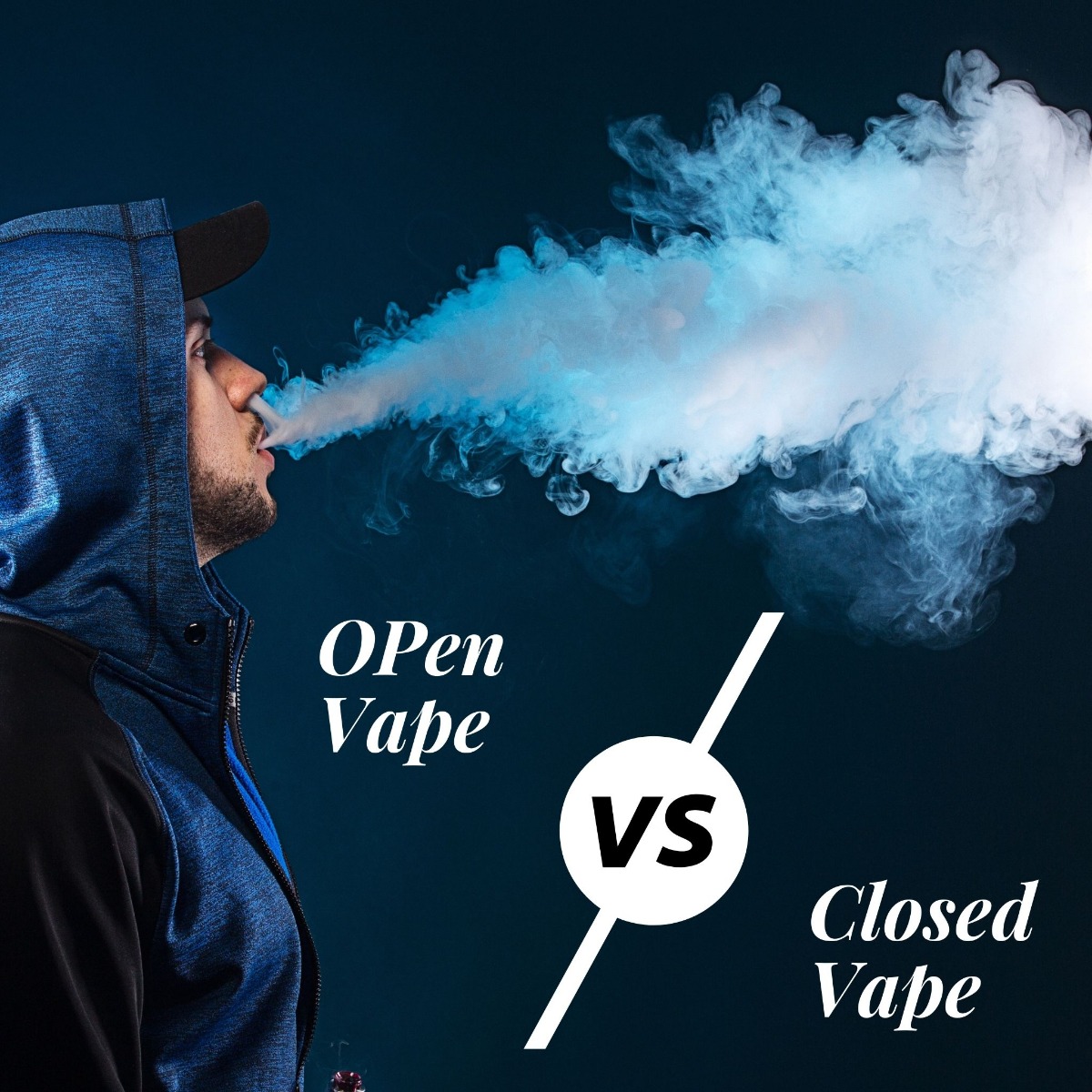 Man smoking a vape with text saying open vape vs. closed vape 