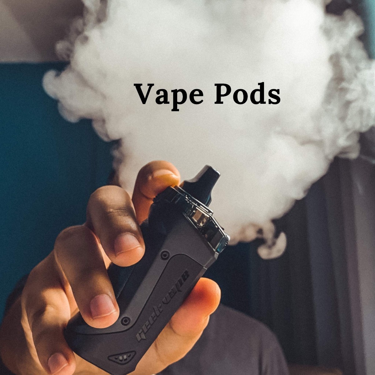 Vape being held in the middle of the image with smoke in the background 